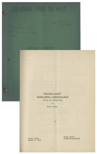 Moe Howards 24pp. Script Dated March 1950 for The Three Stooges Film Scrambled Brains, Working Title Impatient Patient -- Very Good Plus Condition
